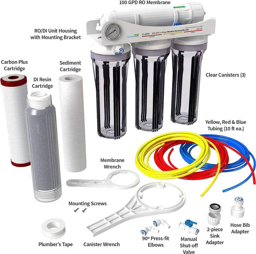 AQUATICLIFE 4-Stage Reverse Osmosis Water Filtration Deionization System, RO/DI Filter Unit 100 GPD