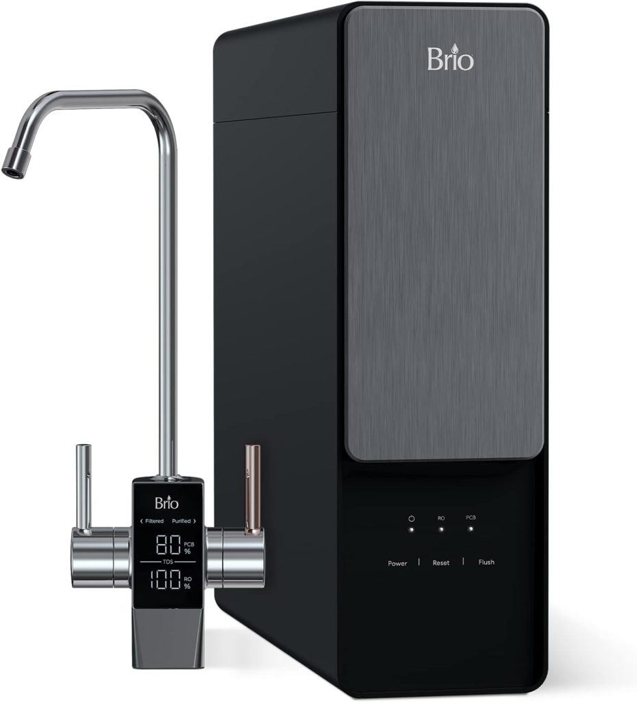 Brio AQUUS TROE800COL Reverse Osmosis Water Filtration System, 4-Stage Tankless RO Water Filter System for Under Sink, 800 GPD, 2:1 Pure to Drain, Reduces TDS, Smart Faucet, USA Support, Black/Silver