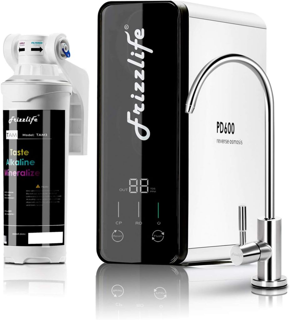 Frizzlife RO Reverse Osmosis Water Filtration System - 600 GPD High Flow, Tankless, Reduce TDS, Compact, Alkaline Mineral PH, 1.5:1 Drain Ratio, USA Tech Support, PD600-TAM3
