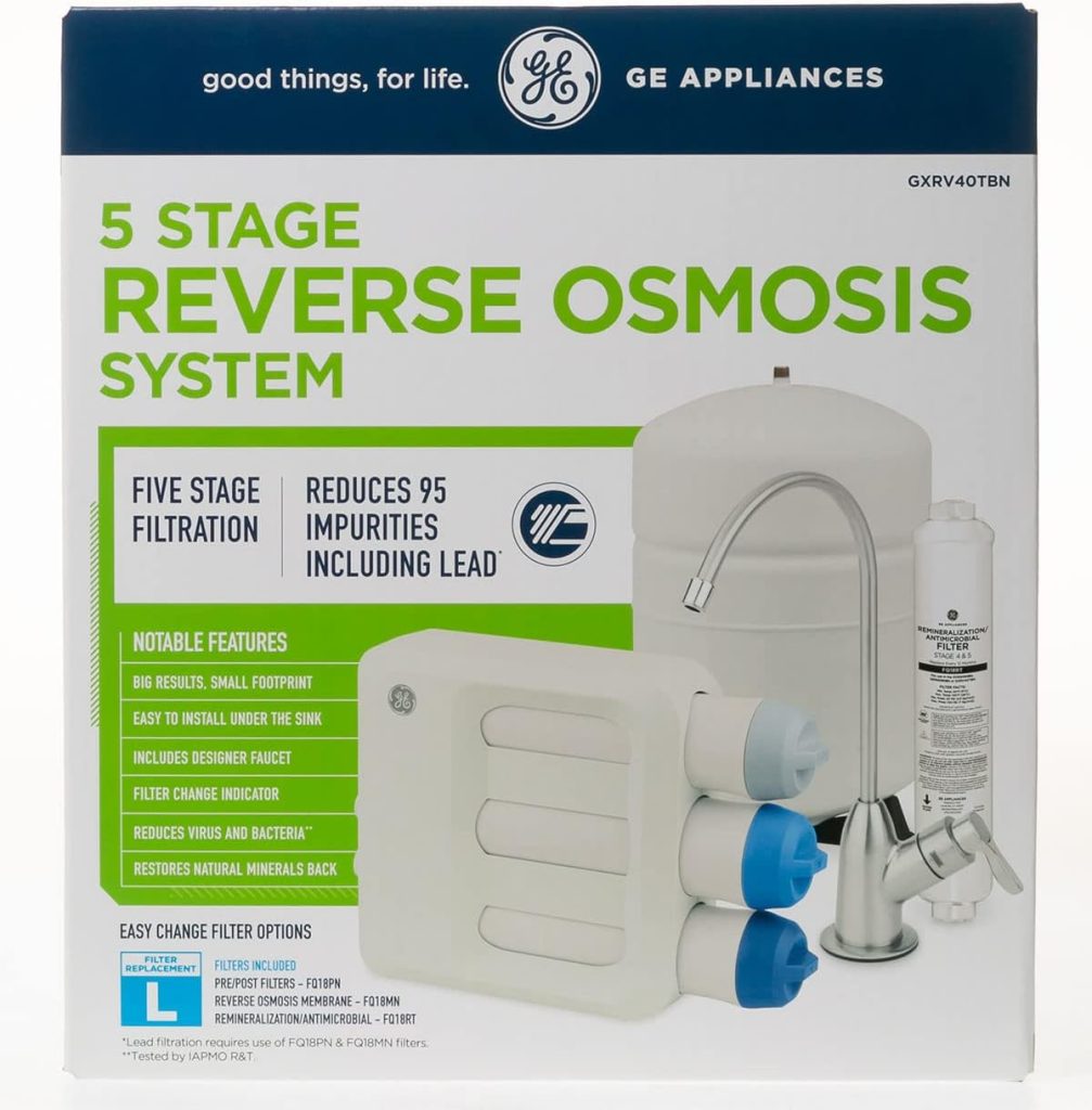 GE 5-Stage Reverse Osmosis Under Sink Water Filtration System with Faucet | Reduces 95 Impurities Including Lead, Chlorine, Arsenic | Filters (FQ18PN, FQ18MN, FQ18RT) | GXRV40TBN