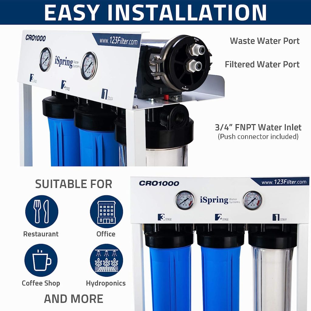 iSpring CRO1000 4-Stage Tankless Commercial Reverse Osmosis Water Filtration System, for House, Restaurant, Small Business, and Light Industrial Use,1000 GPD High Flow, Upgraded Size Filters