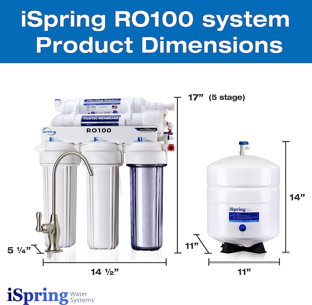 iSpring RO100 Under Sink 5-Stage Reverse Osmosis Drinking Water Filtration System High Capacity 100 GPD Fast Flow, 1:1 Pure to Waste Ratio, US Made Filters