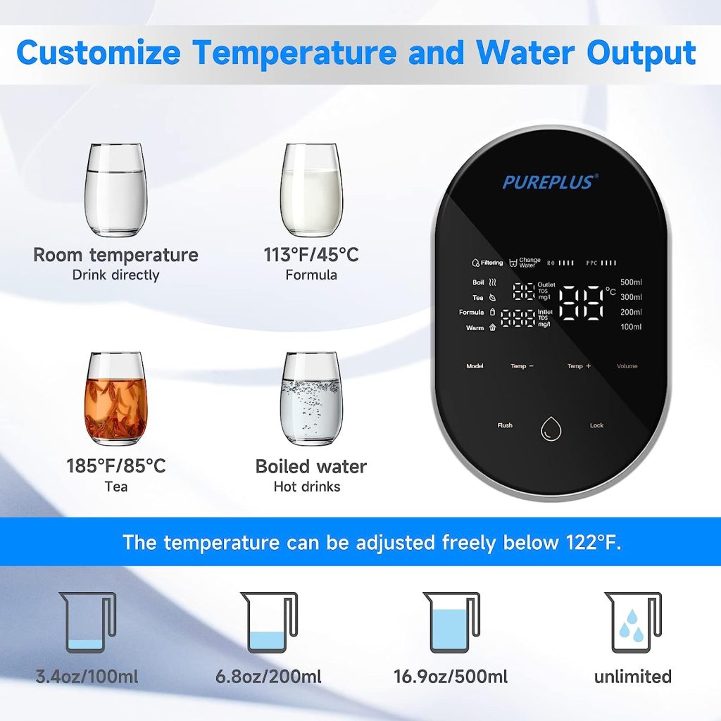 PUREPLUS Countertop Reverse Osmosis Water Filtration System, Instant Hot Water Filter Dispenser, Adjustable Temperatures, 5:1 Low Drain Ratio, High Temp Safety Lock