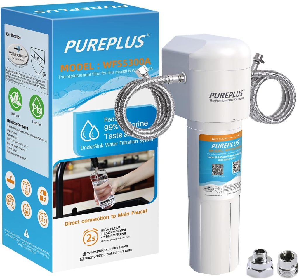 PUREPLUS Under Sink Water Filter, 22000 Gallons, 99.99% Chlorine Reduction, NSF/ANSI Certified Direct Connect Under Counter Water Filtration System