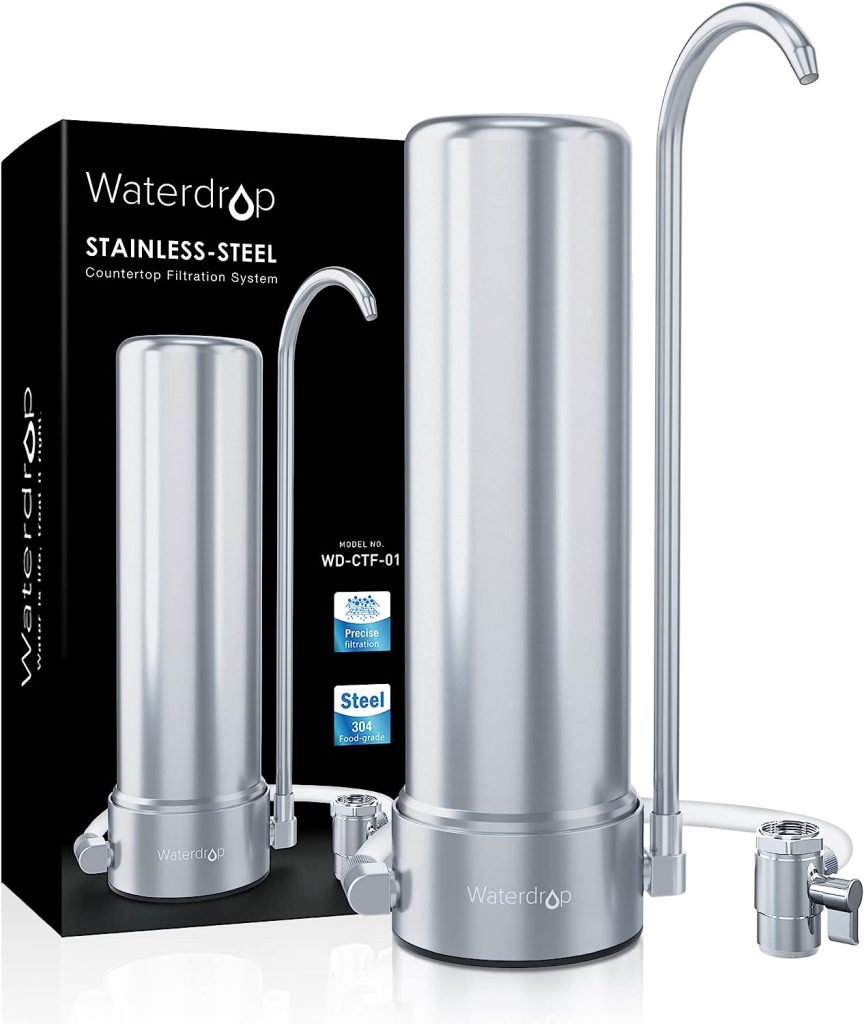 Waterdrop Countertop Filter System, 5-Stage Stainless Steel Countertop Filter, 8000 Gallons Faucet Water Filter, Reduces Heavy Metals, Bad Taste and Up to 99% of Chlorine, WD-CTF-01(1 Filter Included)